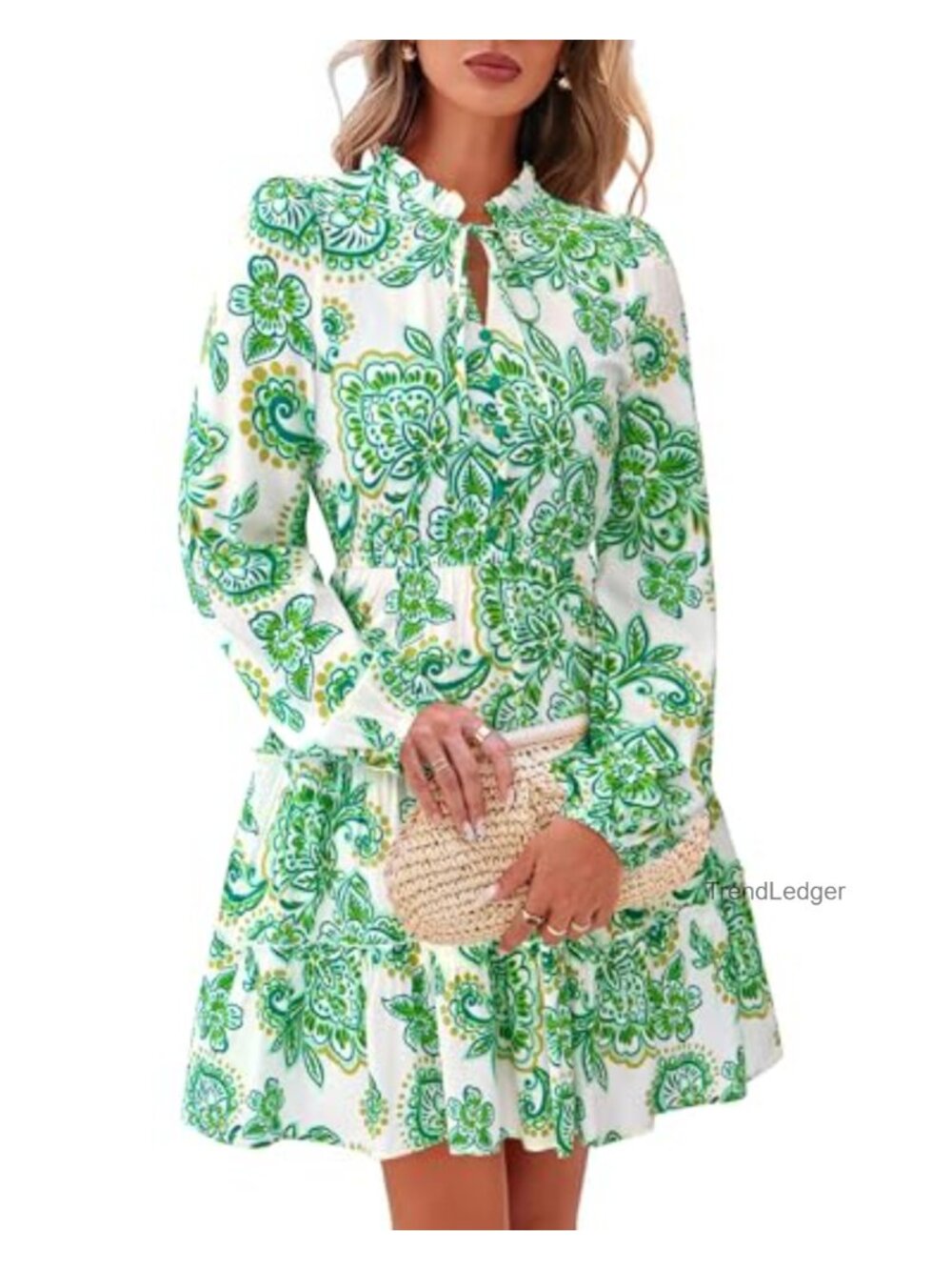 Women Floral V Neck Long Sleeve Tiered Ruffle Boho Swing Flowy A-Line Mini Dress